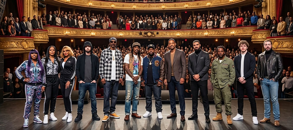 Group portrait of iconic rap and hip-hop artists standing on an ornate theater stage in front of a live audience