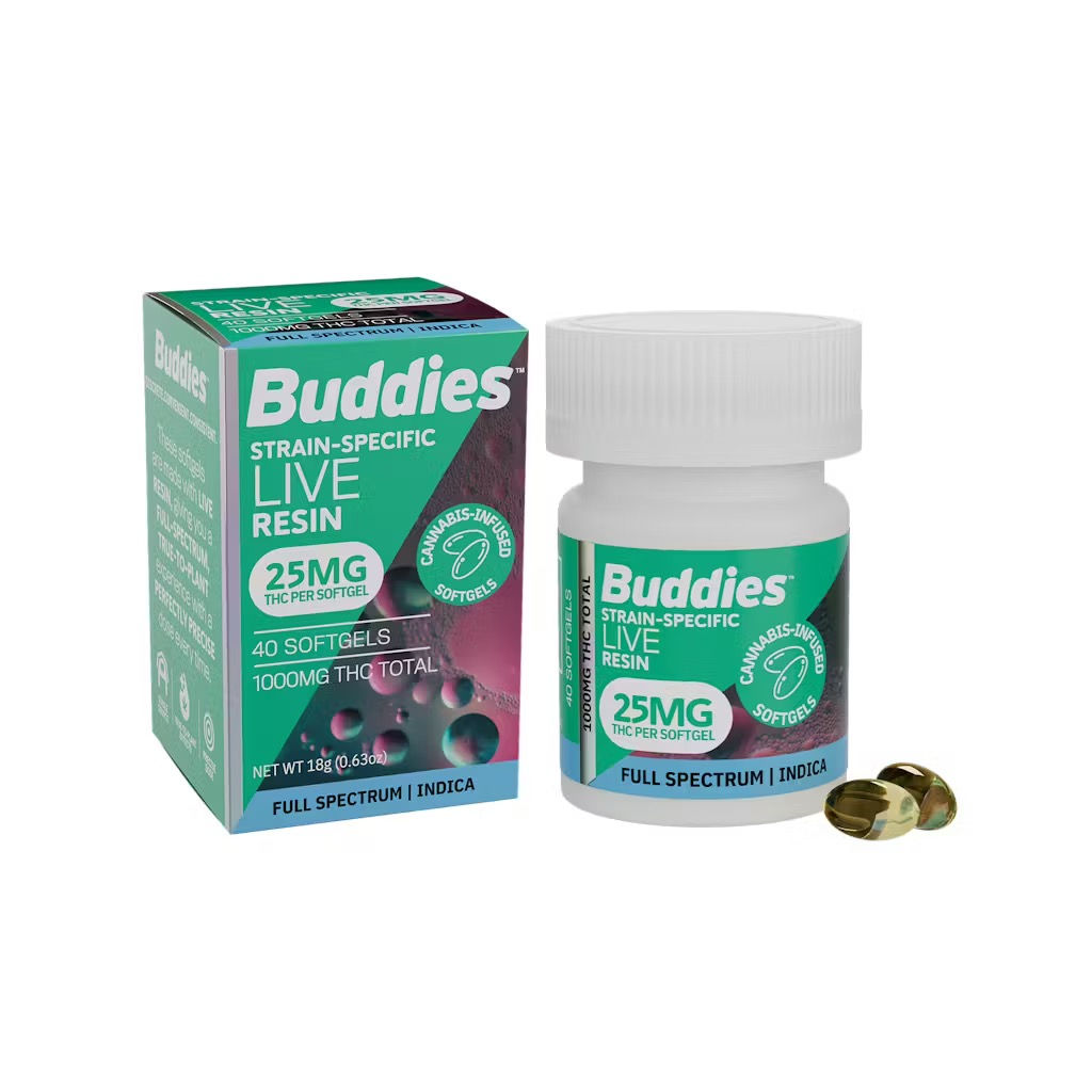 Buddies Brand | Indica | Live Resin 25mg THC Soft Gels | 40ct