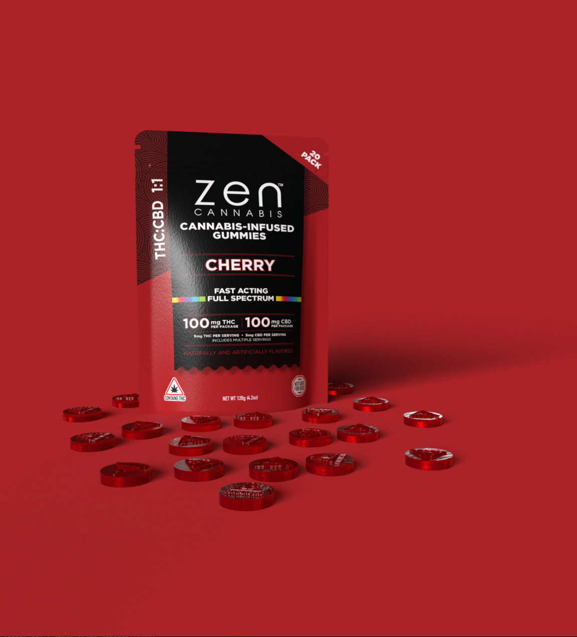 Zen | Cherry | 1:1 THC:CBD Fast Acting Full Spectrum Gummies | 100MG