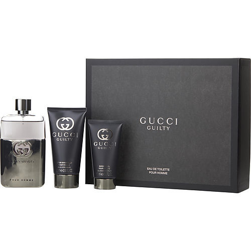 GUCCI GUILTY POUR HOMME
EDT SPRAY 3 OZ & AFTERSHAVE BALM 2.5 OZ & SHOWER 1.7OZ
