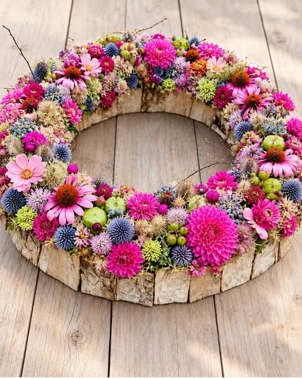 Ronde krans met roze bloemen op een houten basis