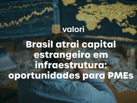 Vista aérea de obras de infraestrutura no Brasil com destaque para rodovias e portos, simbolizando entrada de investimentos estrangeiros
