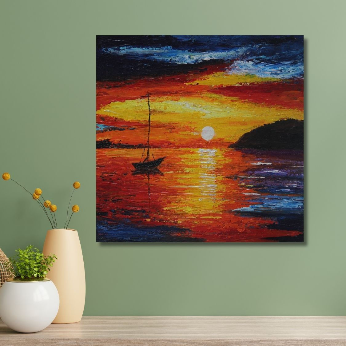 Fiery Sunset Sailboat Painting