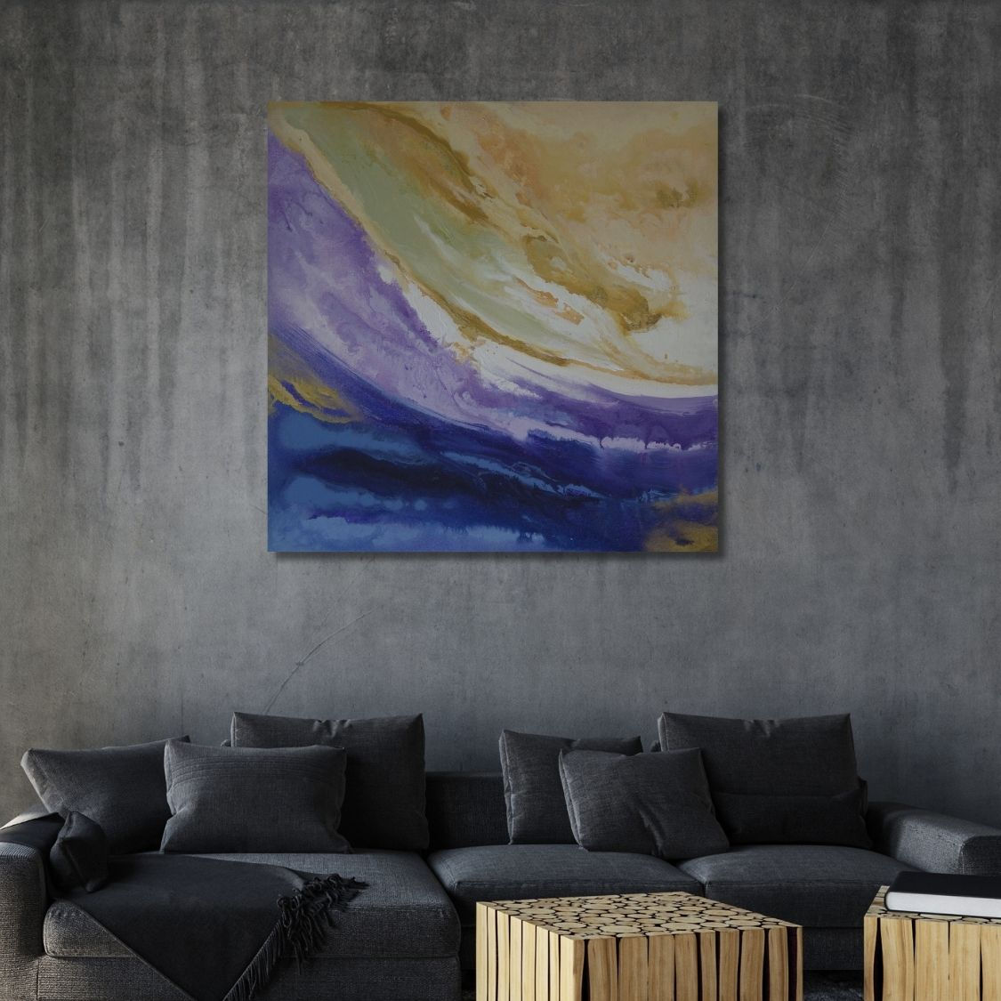 Blue and Gold Abstract Canvas Painting