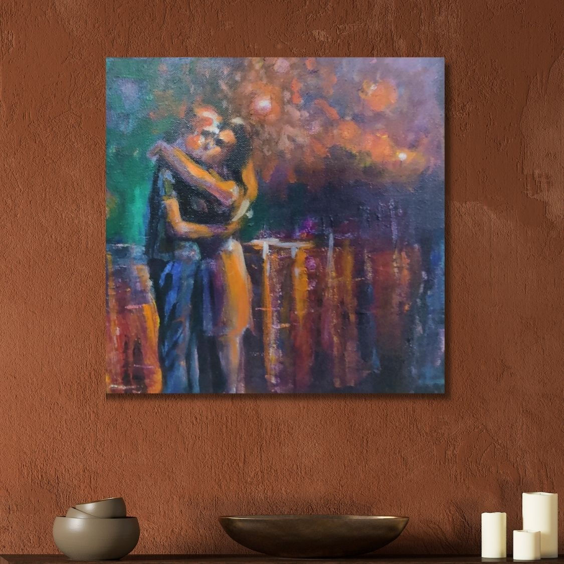 Handmade lovers painting in warm tones