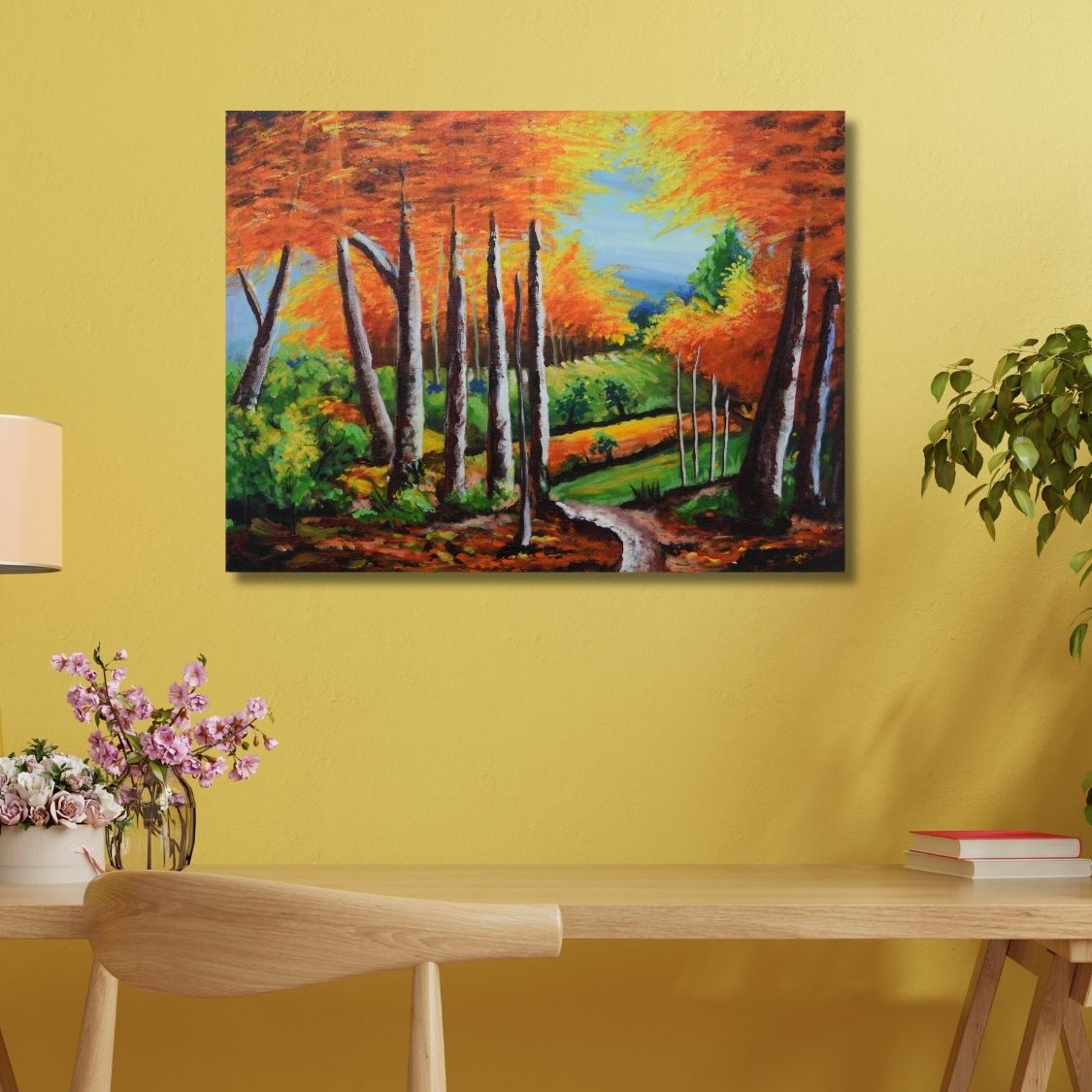 Impressionist painting of trees and hills