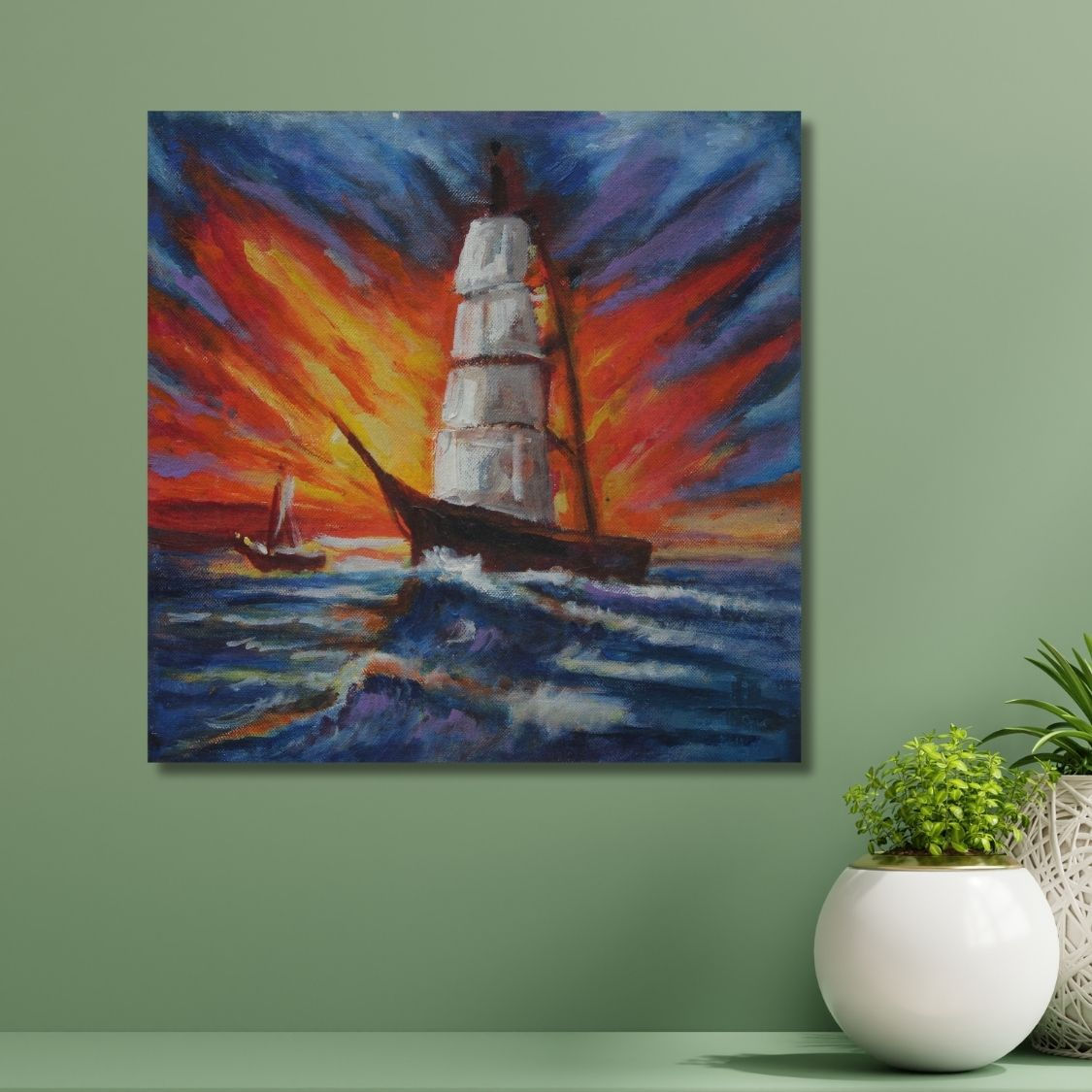 Ship in Sunset Painting