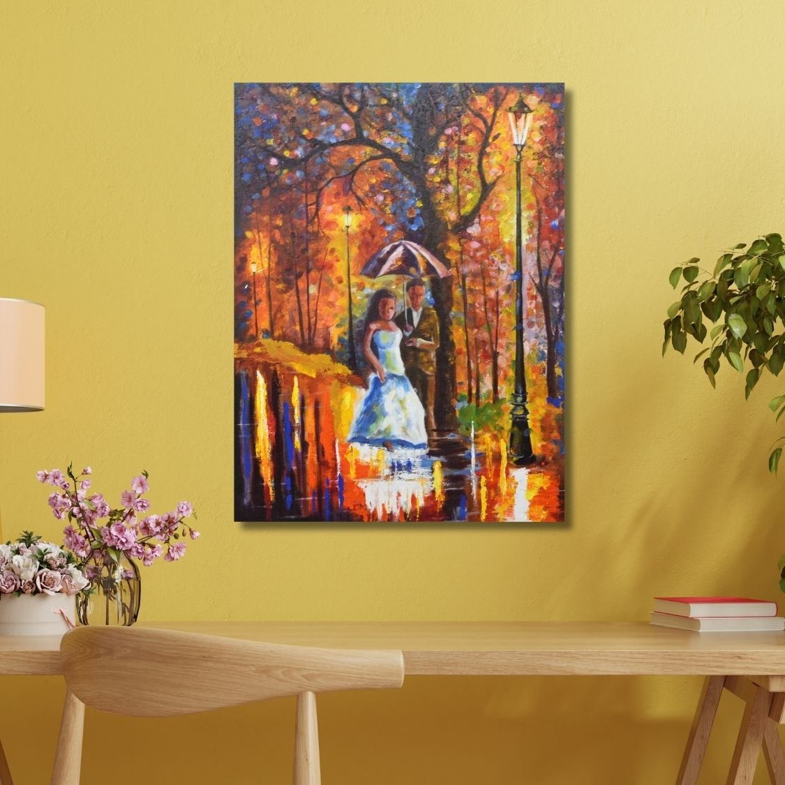 Bride and groom canvas painting with umbrella