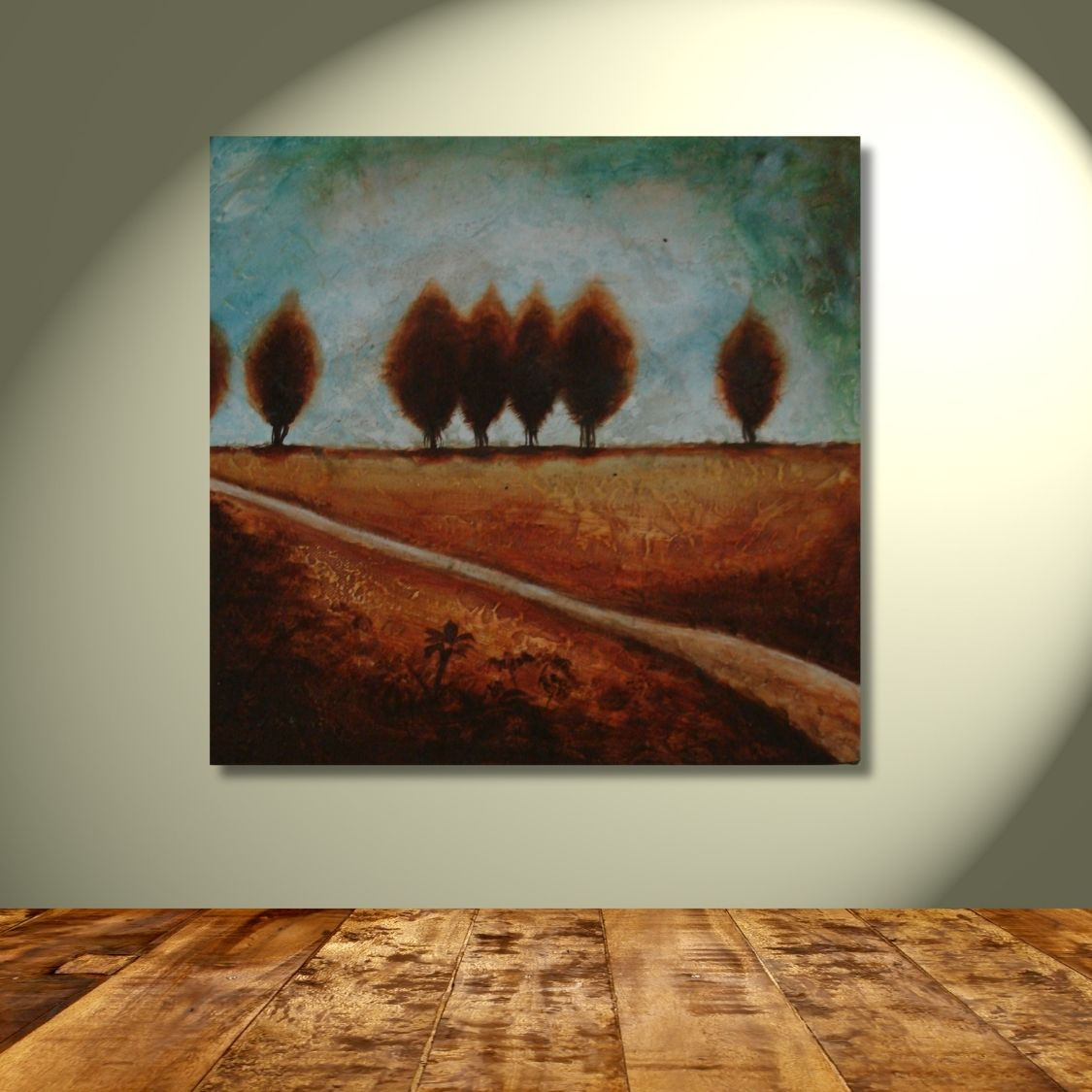 Minimalist tree painting with textured sky