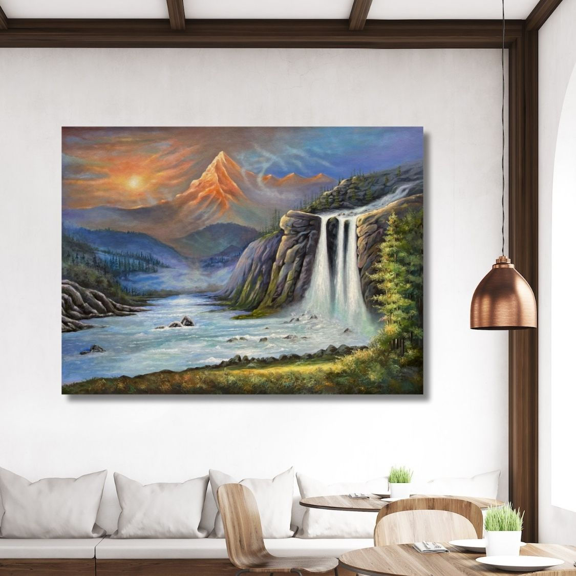 serene mountain and waterfall canvas art