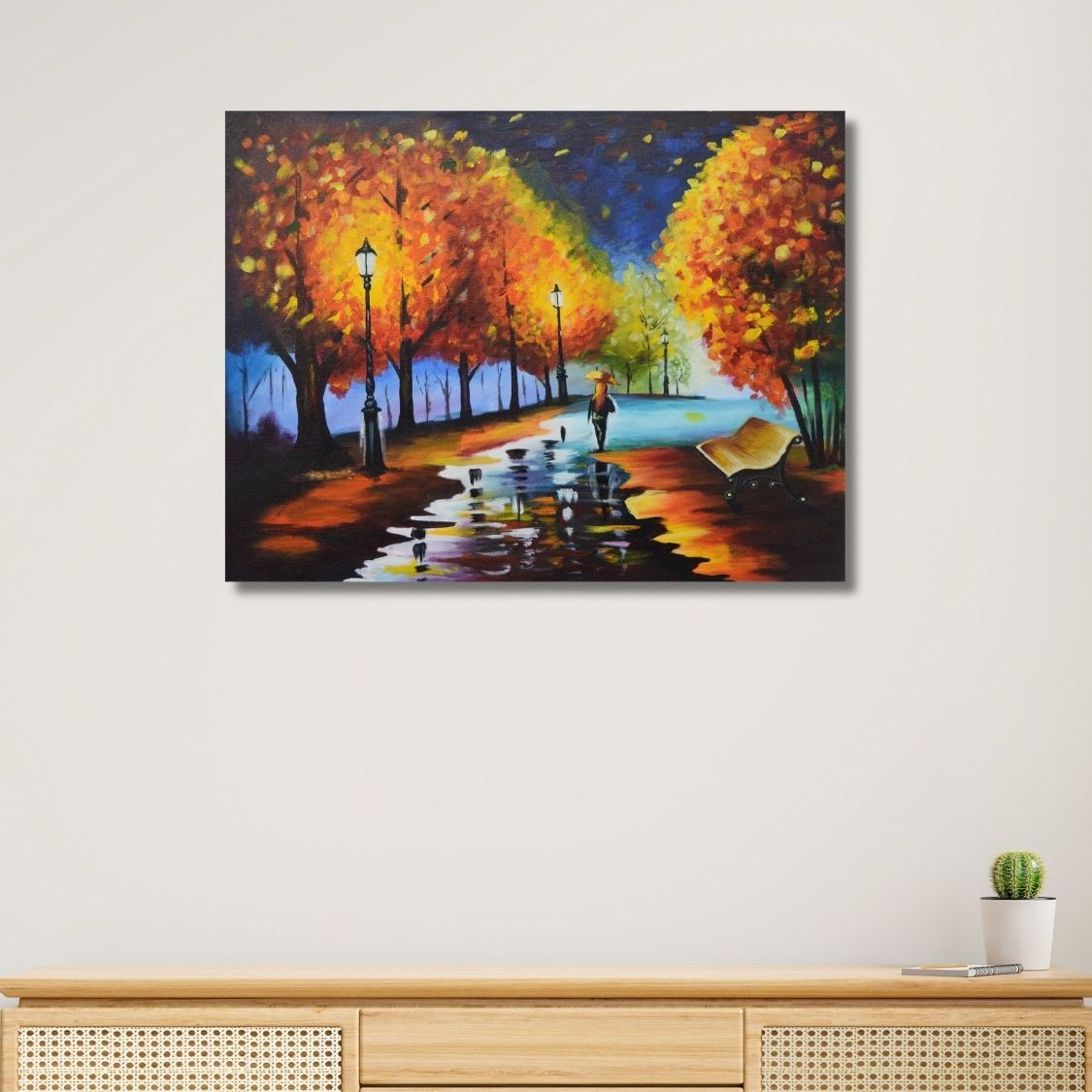 Woman walking under trees art