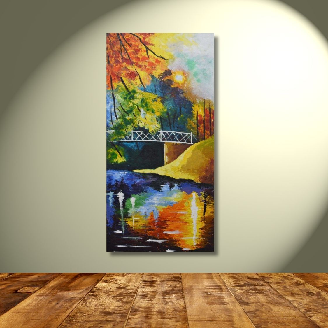 Handmade painting of white bridge over water
