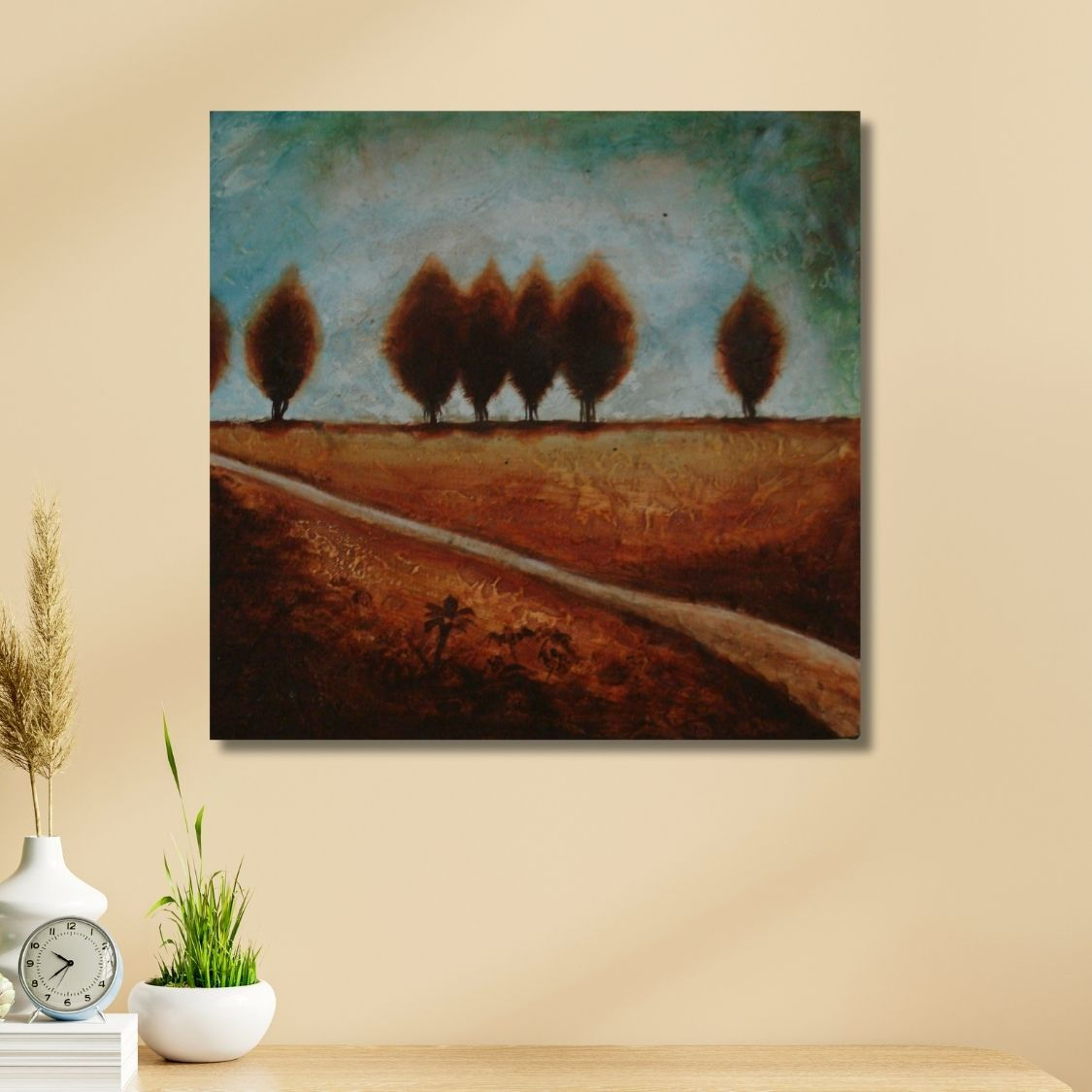 Stylized trees on burnt sienna field