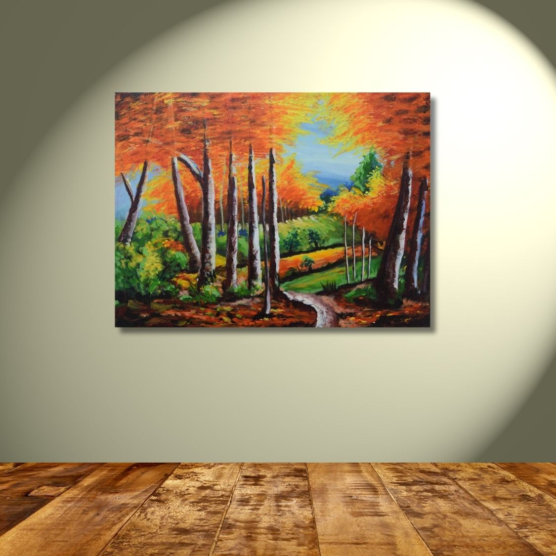 Forest walkway painting with golden trees