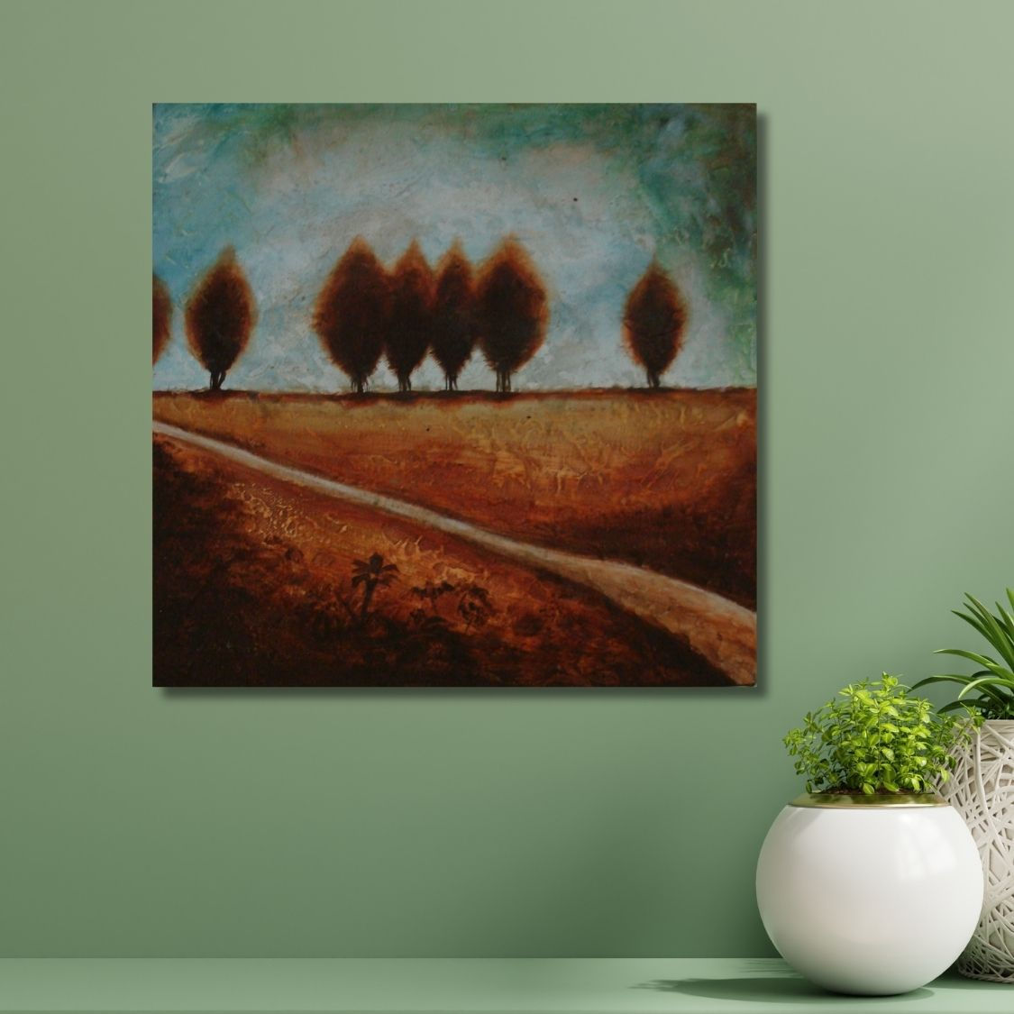 Minimalist tree painting with textured sky