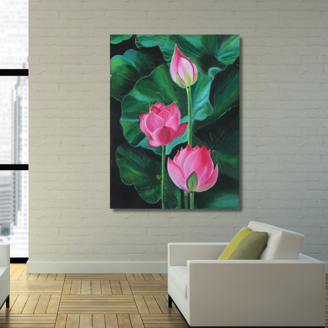 pink lotus with green leaves painting