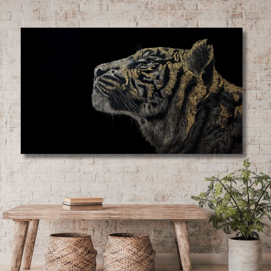 golden accented tiger charcoal painting