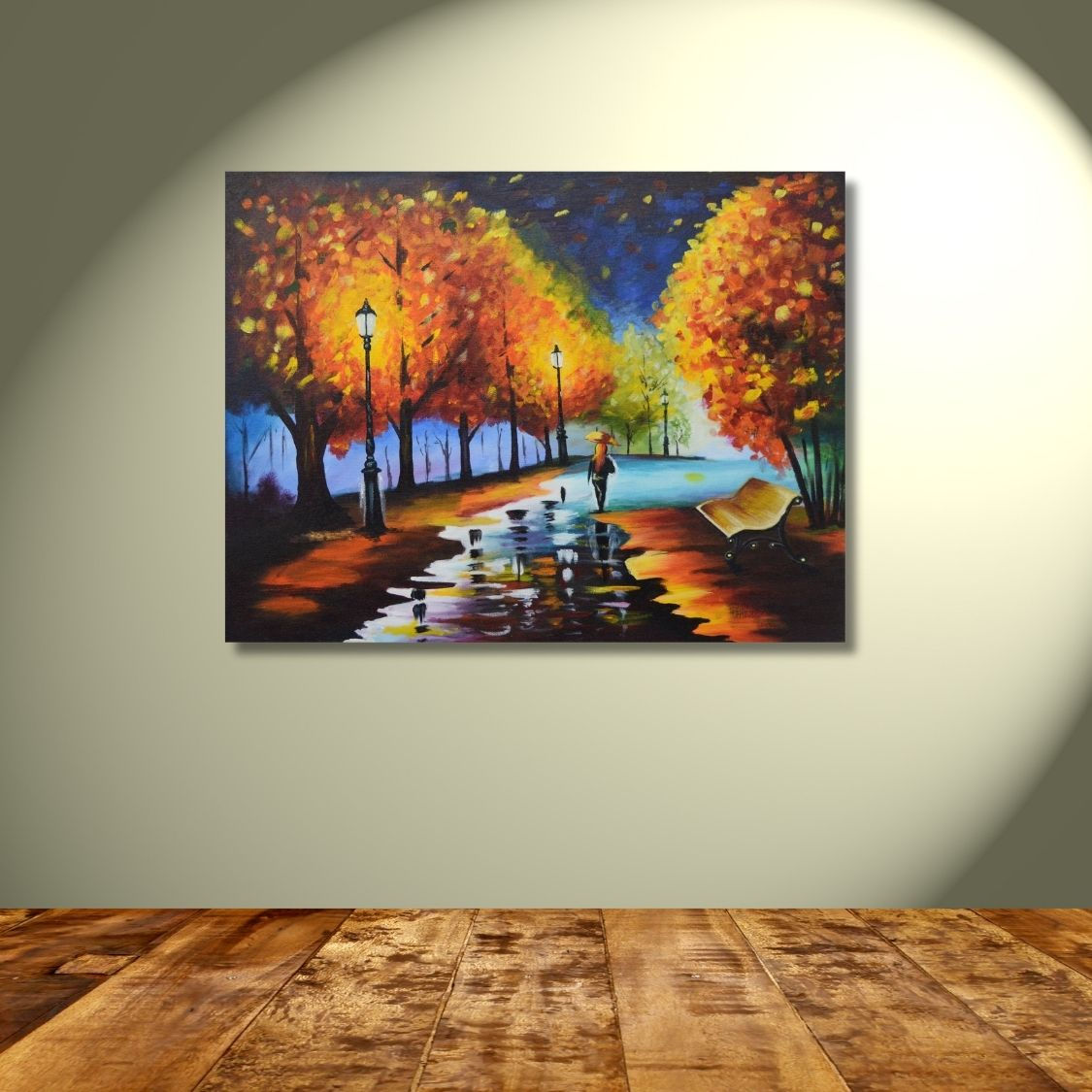 Handmade autumn street painting with bench