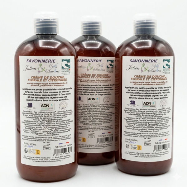 Crème de Douche Artisanale Florale et Citronnée Soin Lavant Doux et Argile Rouge
