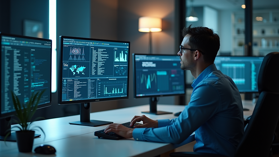 High angle view of a modern workspace with ATLAS interface displayed on a screen