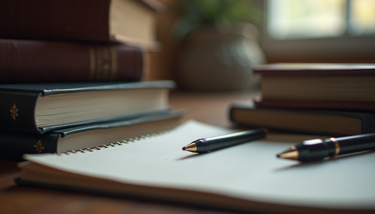 Eye-level view of a cluttered desk with legal books and a notebook for writing