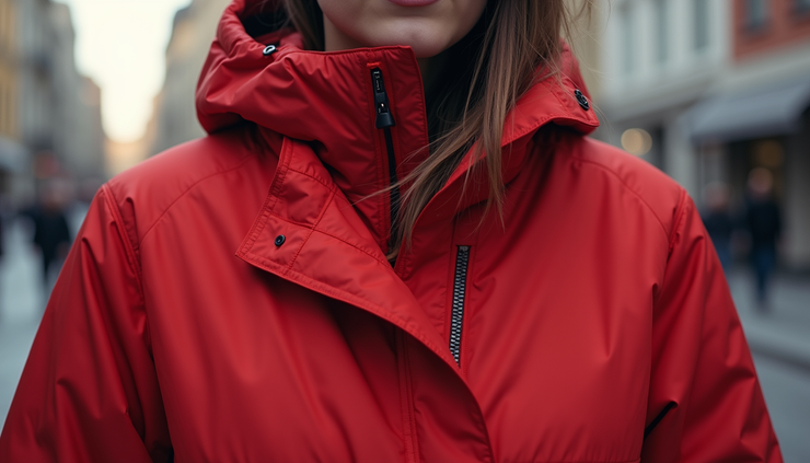 Close-up of a person wearing a bright red jacket standing outdoors