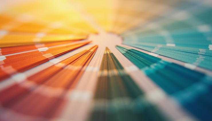 Eye-level view of a color palette fan with various warm and cool tones