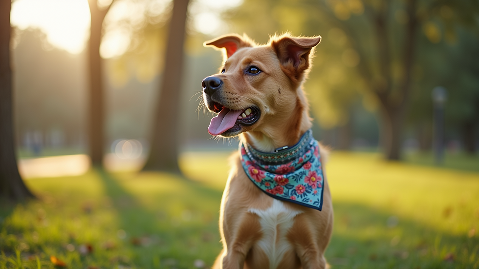 Eye-level view of a dog wearing a stylish bandana in a park