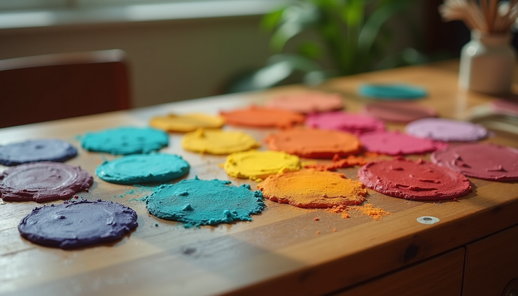 Eye-level view of a vibrant color palette arranged on a wooden table