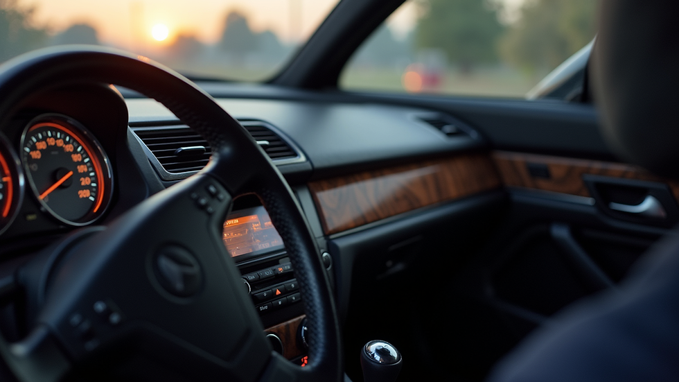 Eye-level view of a car dashboard with custom wood trim and ambient lighting
