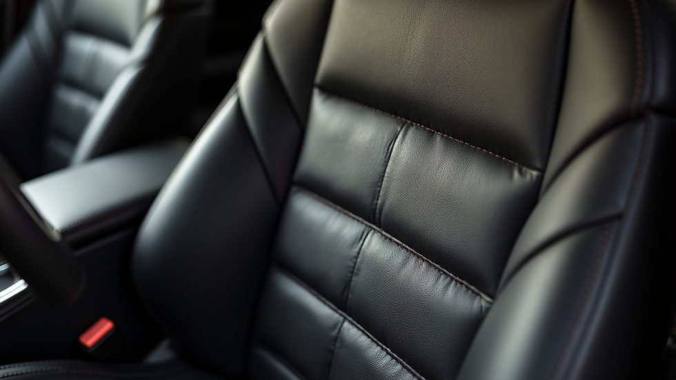 Close-up view of a custom leather car seat with detailed stitching