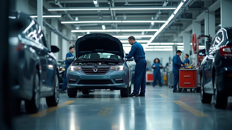 Eye-level view of a modern car workshop with technicians working on a vehicle