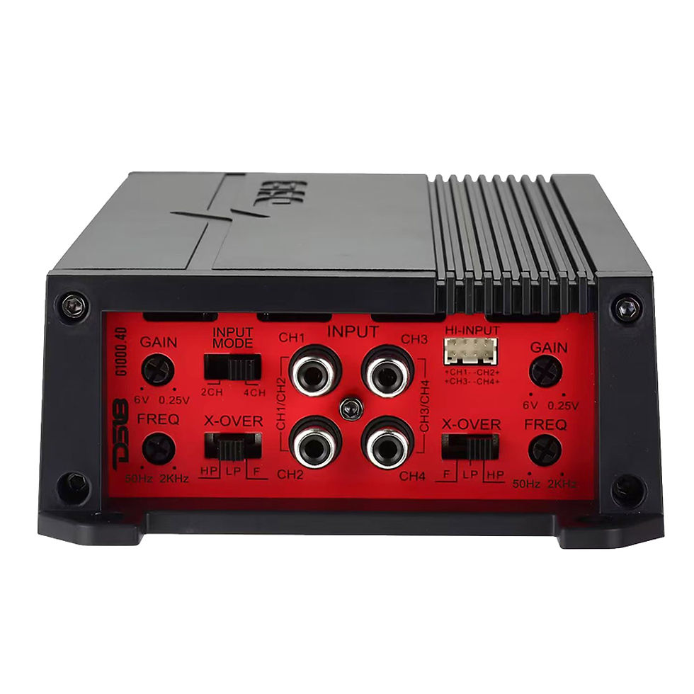 DS18 G1000.4D G-Series 4-Channel Compact Class D Amplifier back panel showing RCA inputs and crossover controls