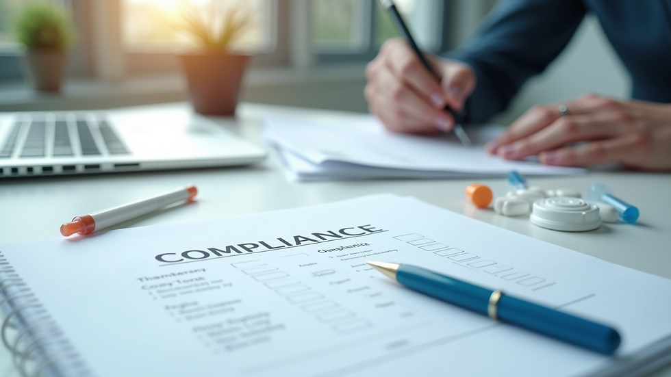 Close-up view of a compliance checklist and pharmaceutical documents on a desk