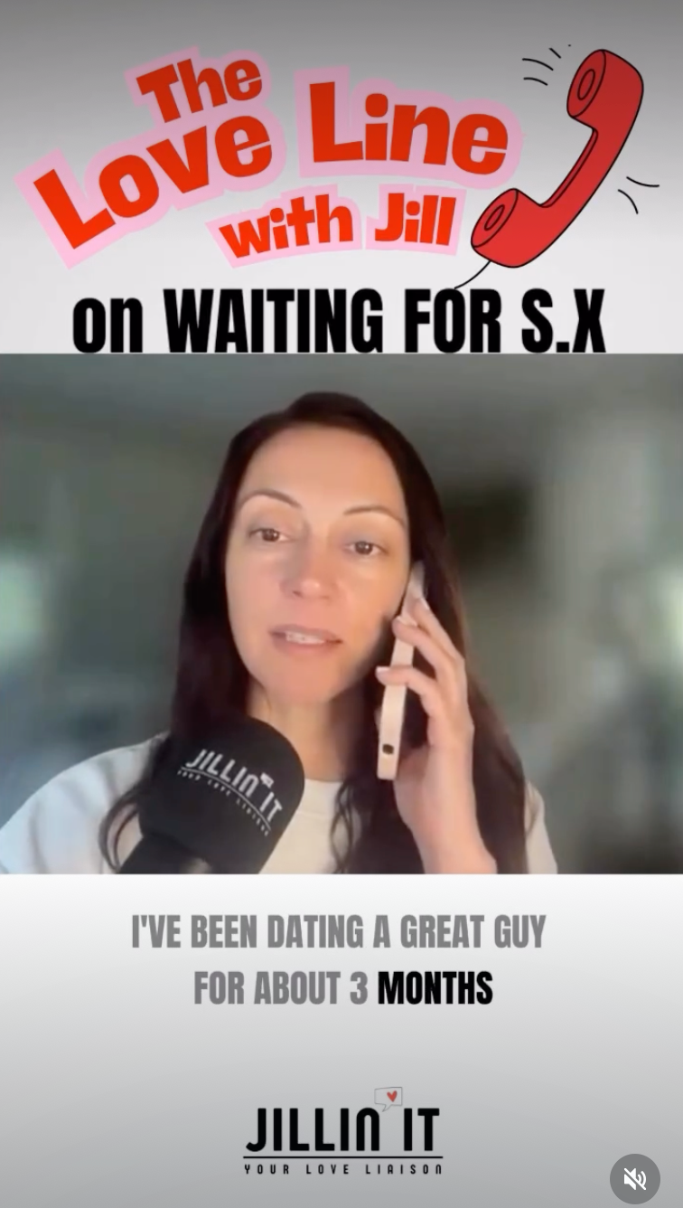 Woman on phone holding a Jillin It mic in a Love Line graphic titled The Love Line with Jill, with dating text and S.X caption.