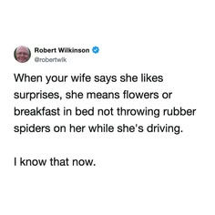 Screenshot of a tweet by Robert Wilkinson: his wife wants flowers or breakfast, not rubber spiders while driving.