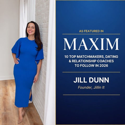 Woman in blue dress smiles, standing beside a blue notice featuring her as a top matchmaker in 2026. Text: "MAXIM, Jill Dunn."