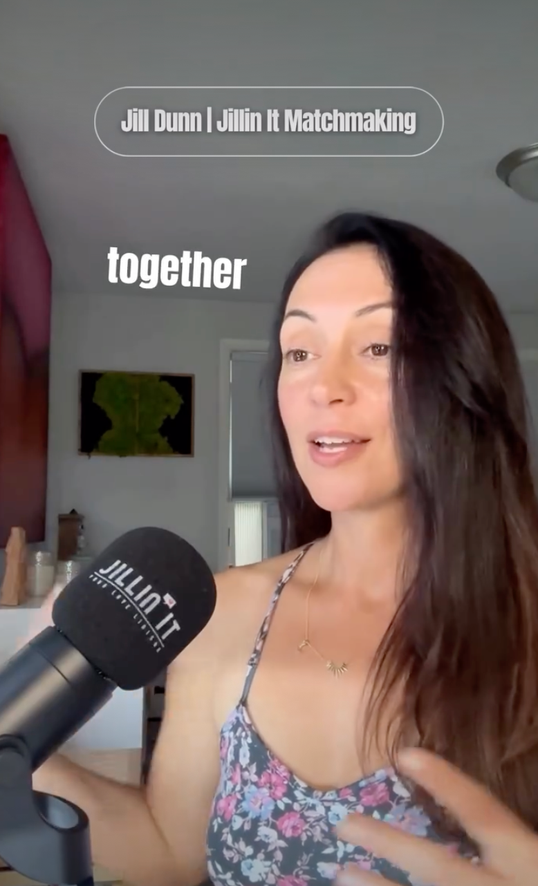 Woman speaking into a Jillin It microphone, with text Jill Dunn | Jillin It Matchmaking together in a home setting.