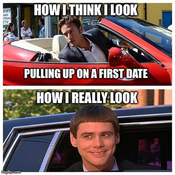 Two-panel meme: suited man in a red convertible, then awkward smiling man in a car, showing first-date fantasy vs reality.