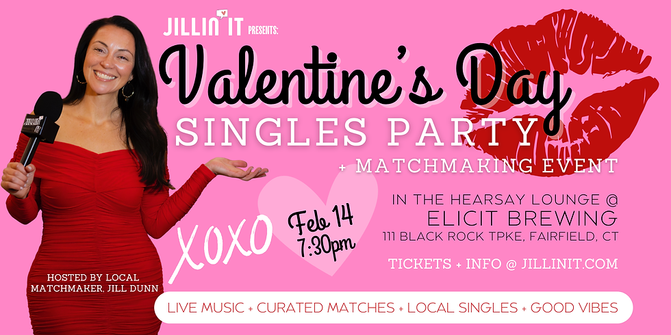 Smiling woman in red holds a mic on pink Valentine's Day Singles Party banner. Text details event on Feb 14, 7:30pm, Elicit Brewing.
