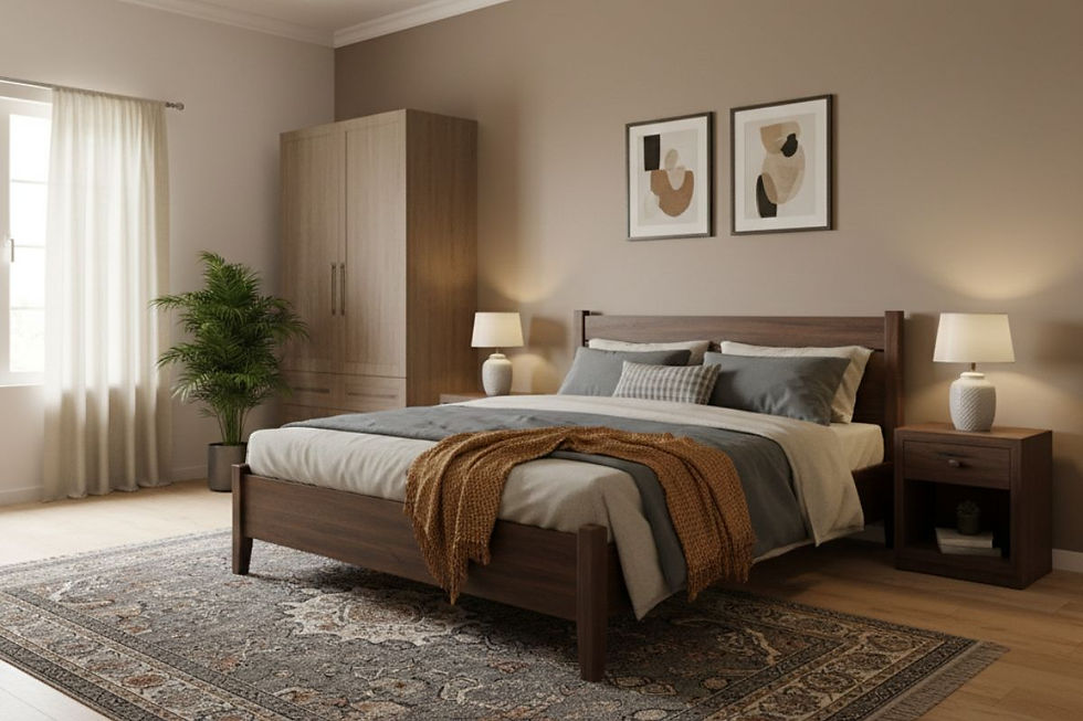 A durable guest room colour combination with earthy brown tones and easy-to-clean patterned flooring.