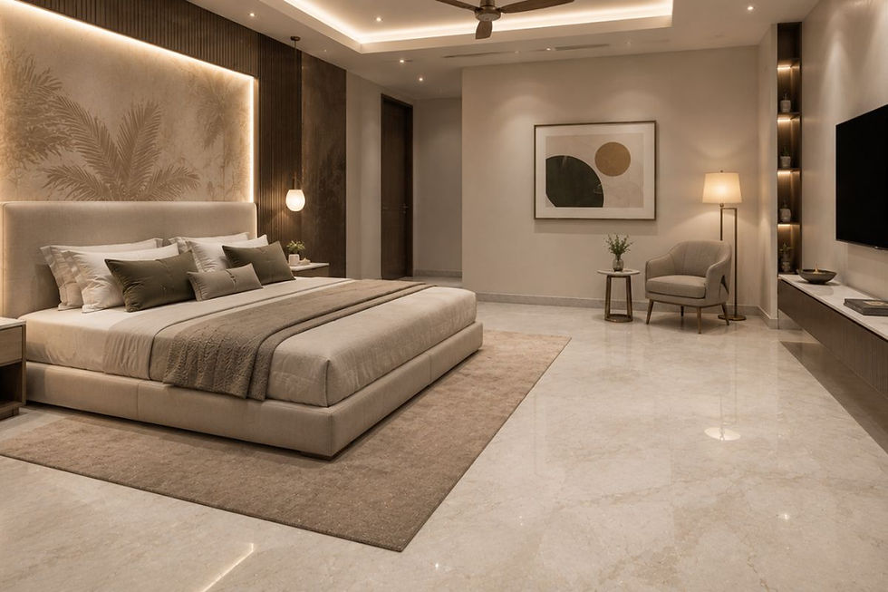 A cozy bedroom with a big bed and shiny marble flooring.