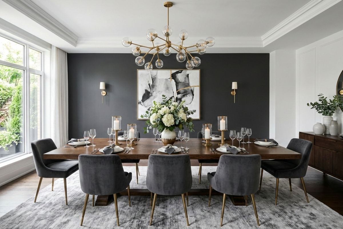 Elegant Dining Room Colour Combinations using a charcoal grey wall, dark wood table, and soft grey velvet chairs.