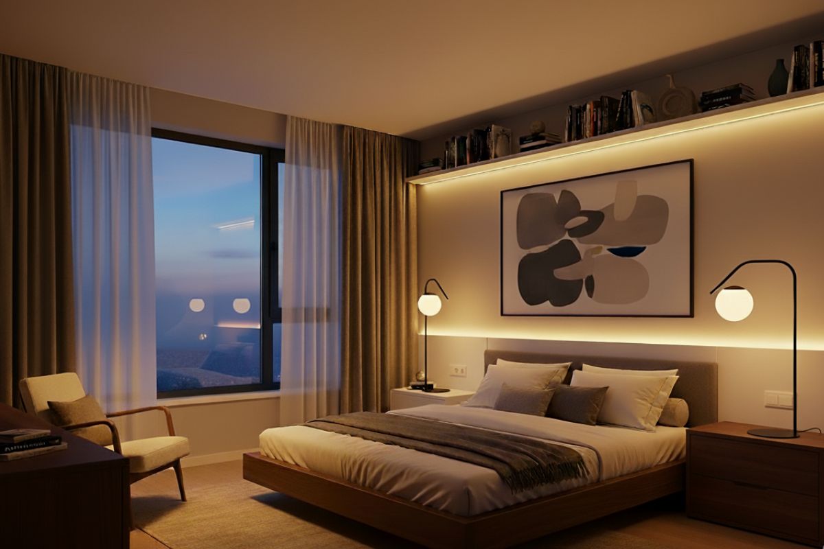 A modern bedroom demonstrating Types of Lighting in Interior Design with layers of light. The image shows recessed ceiling lights, bedside table lamps, and a linear light strip behind the bed.