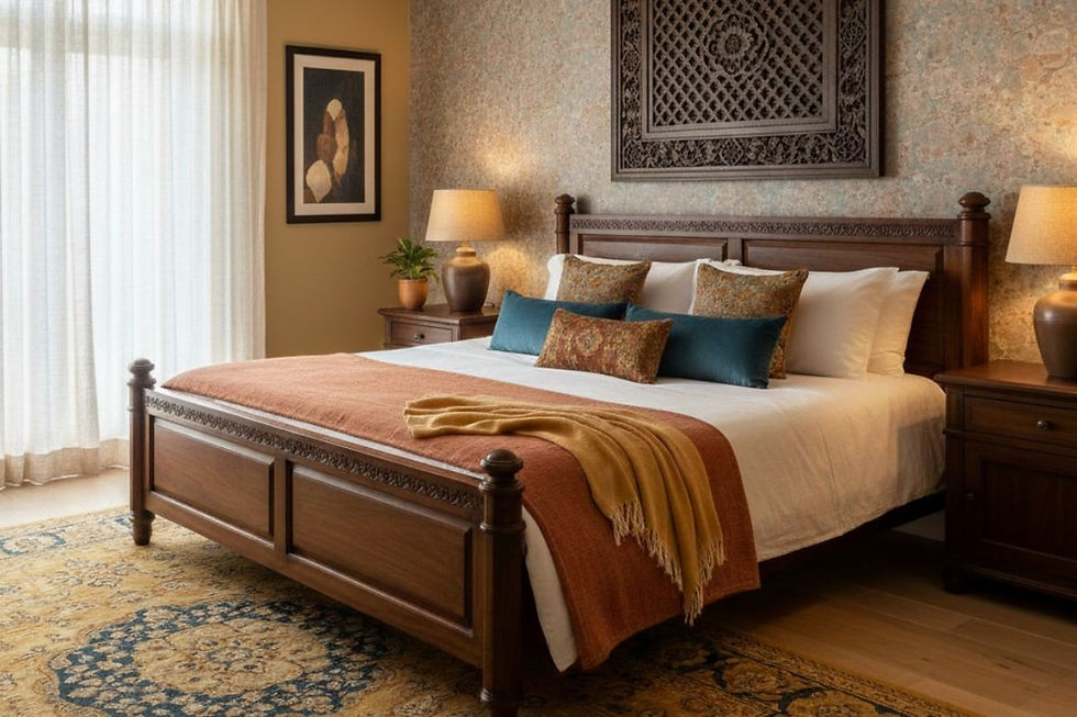 A bright guest room colour combination using soft beige walls and natural light for a spacious feel.