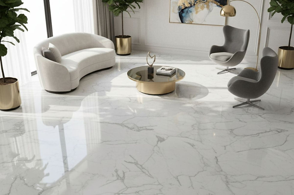 Modern living room with polished Italian Marble floor, white sofa, and gold accents for luxury.