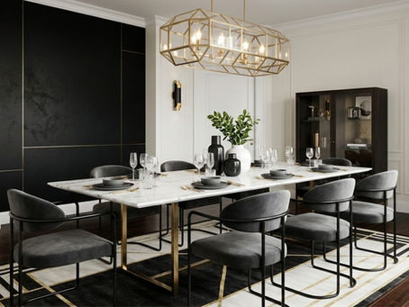 Modern Dining Room Colour Combinations featuring a bold black accent wall, white marble table, and gold light fixture.