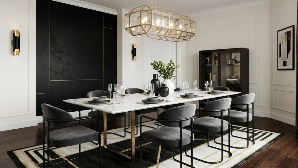 Modern Dining Room Colour Combinations featuring a bold black accent wall, white marble table, and gold light fixture.