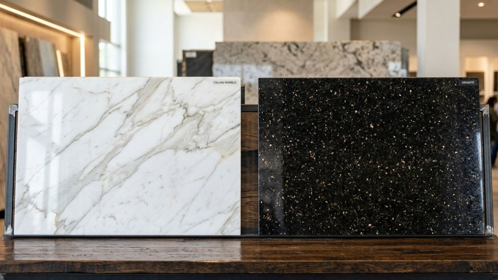 Marble and Granite Difference: A white veined marble slab next to a dark granite slab for kitchen countertop choice.