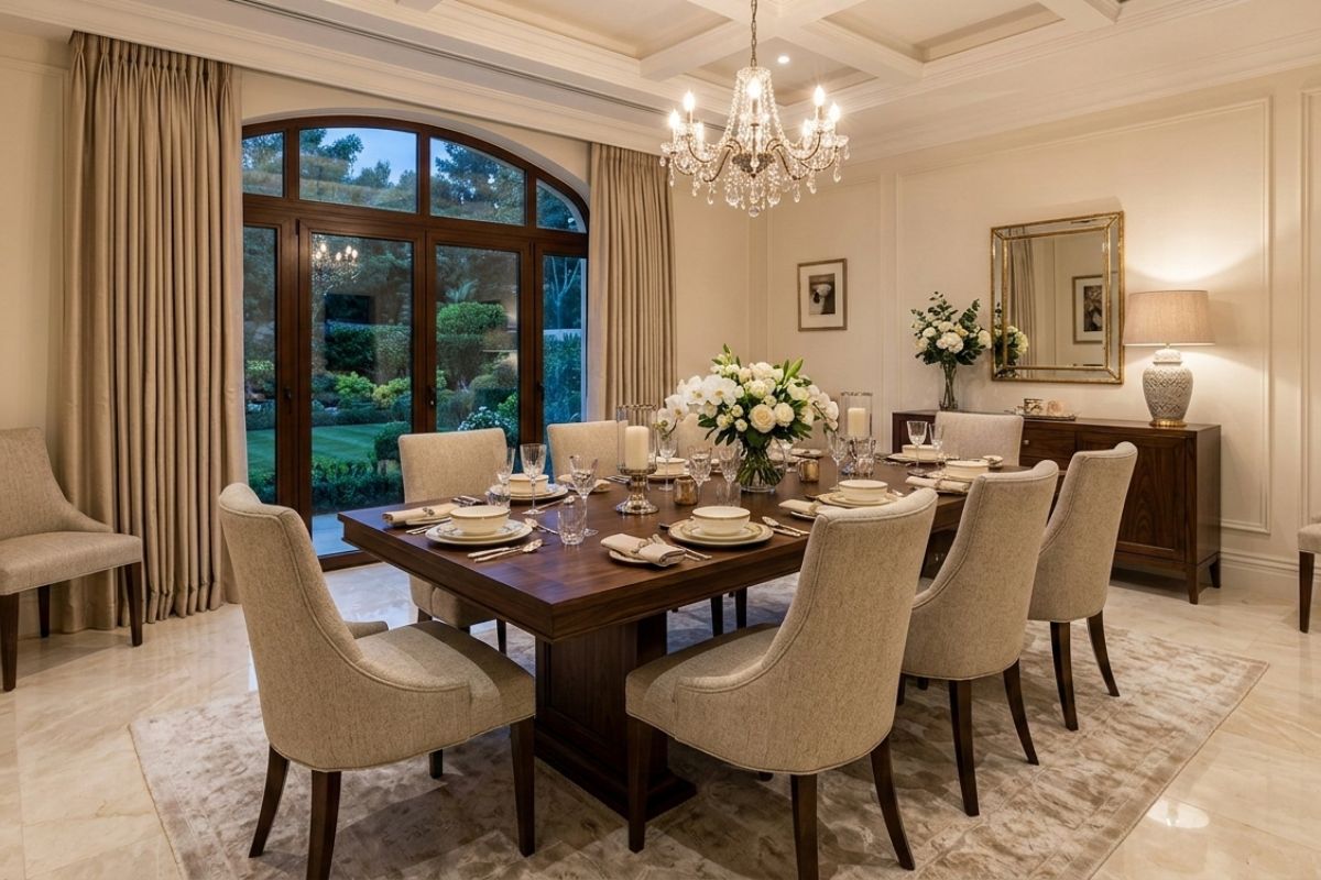 Neutral Dining Room Colour Combinations showing cream walls, beige chairs, and a large wooden table with a crystal chandelier.